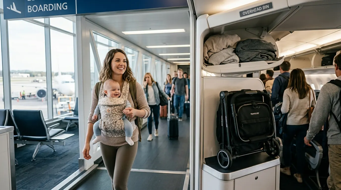 Compact travel stroller folded beside an airport bag sizer at a departure gate