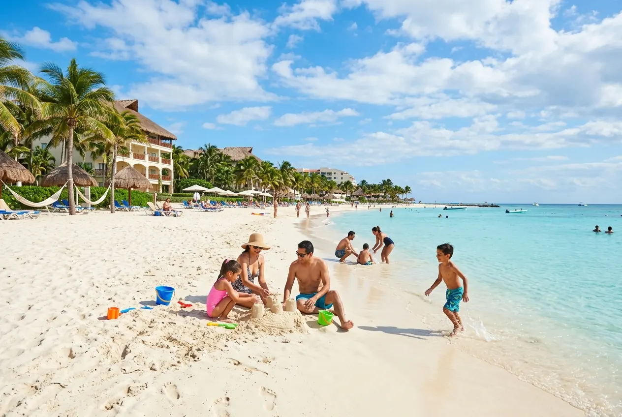Turquoise Caribbean water and white sand beach along Cancun's Hotel Zone with resort buildings in the background