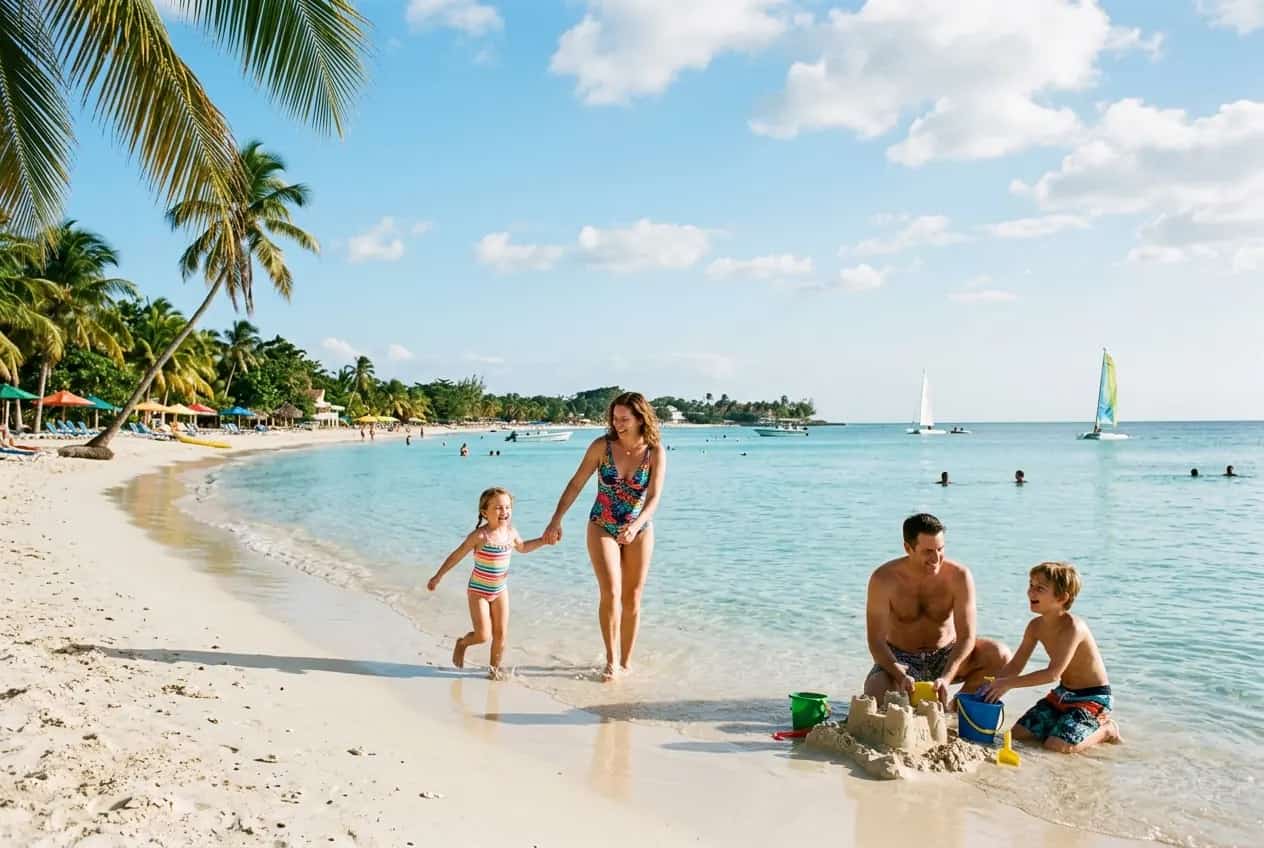 Seven Mile Beach at sunset in Negril Jamaica with calm turquoise water and palm trees