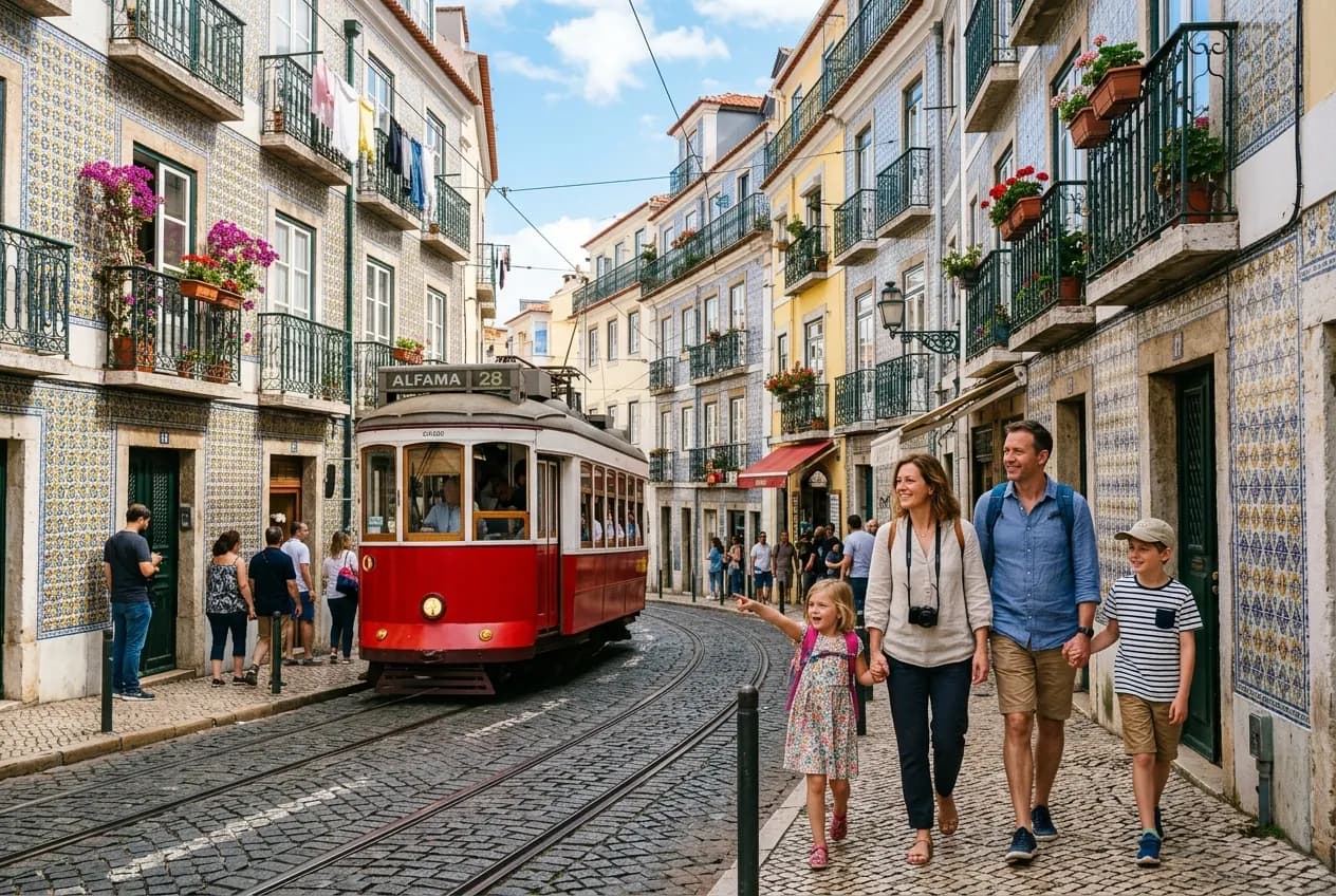 Colorful tiled buildings and red-roofed houses cascading down Alfama hill toward the Tagus River in Lisbon, Portugal