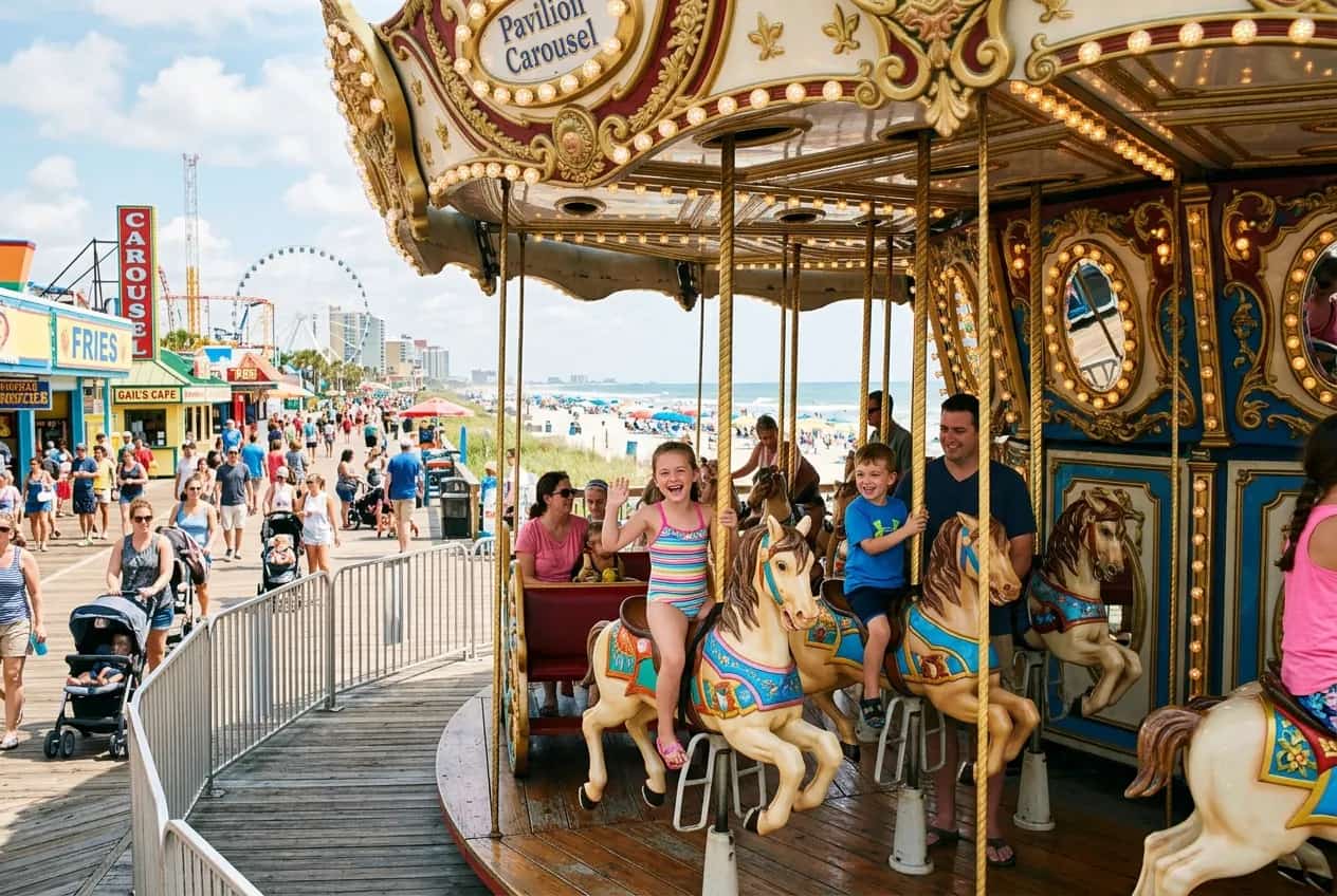 Children playing on the wide sandy beach at Myrtle Beach South Carolina with the boardwalk and SkyWheel visible in the background