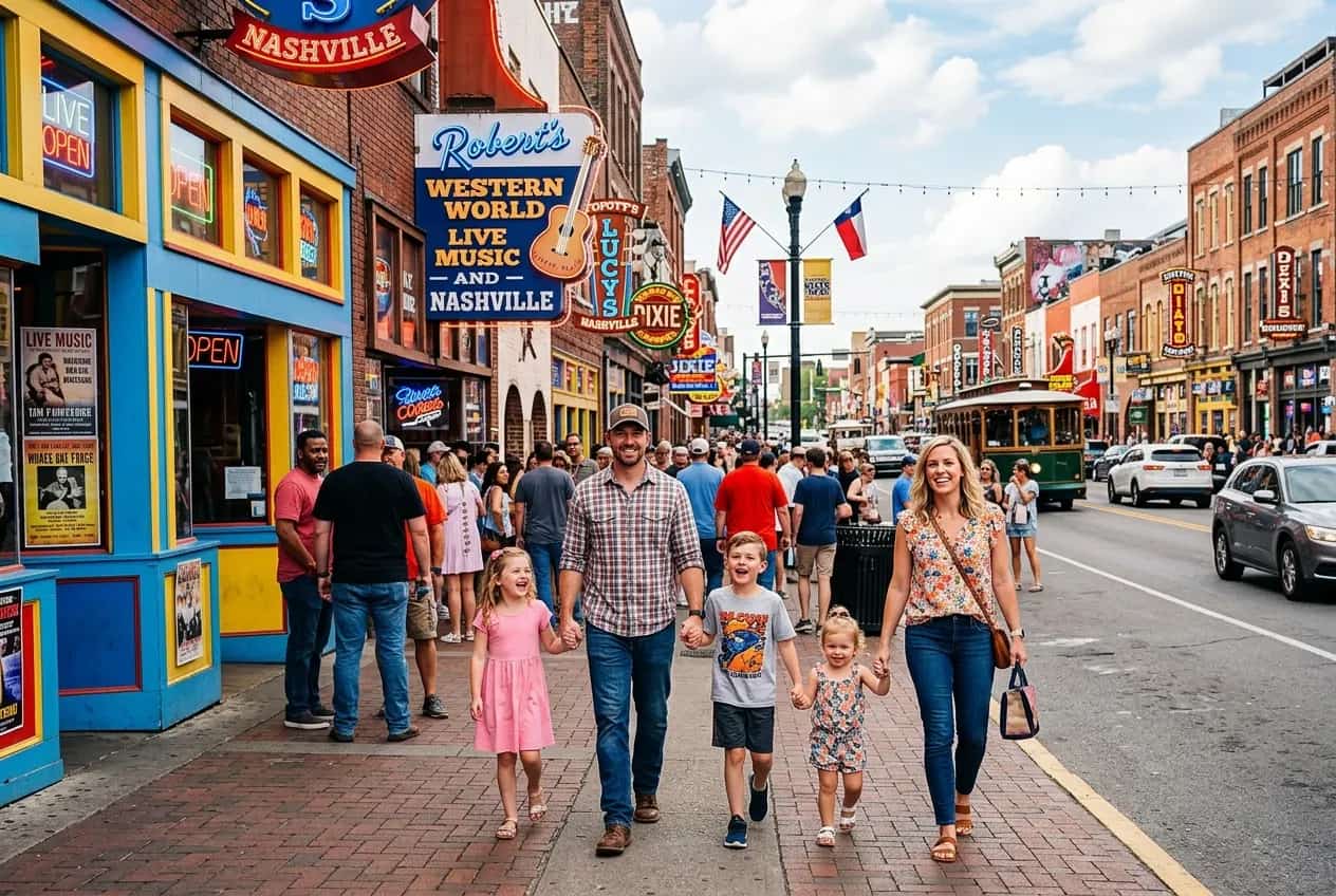 Nashville's colorful Lower Broadway with neon honky-tonk signs and families walking during a sunny afternoon