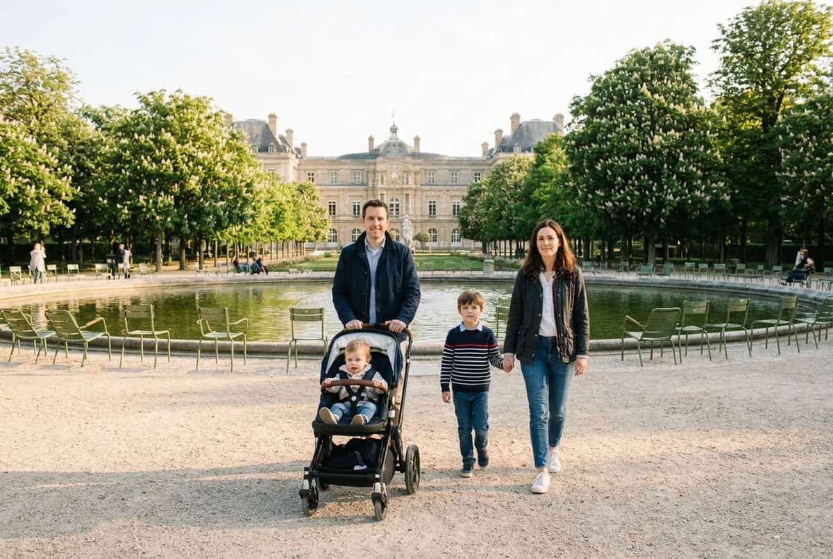 Family with a toddler in a large-wheeled stroller and a school-age child walking past the pond in the Jardin du Luxembourg with the palace behind them