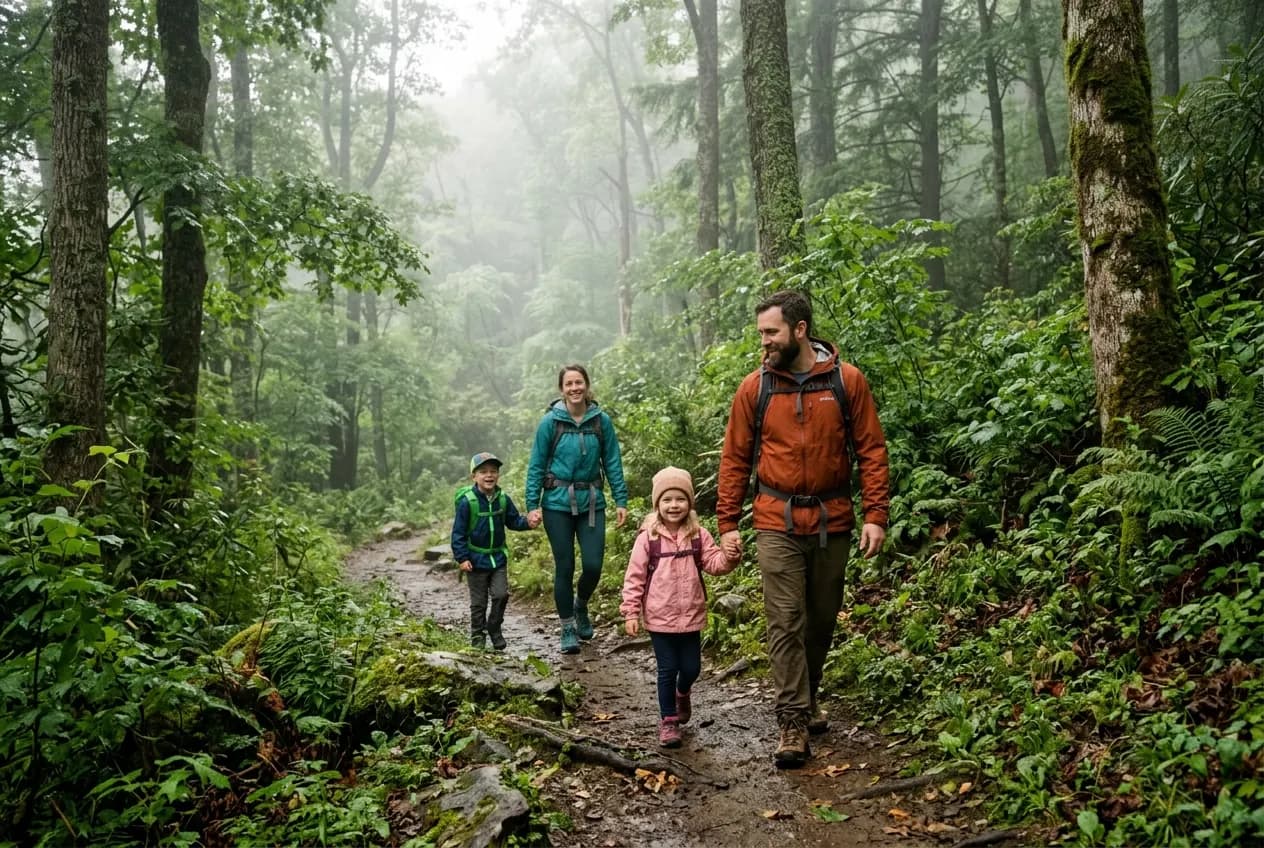 Family hiking a misty forest trail in the Great Smoky Mountains in fall foliage season, with colorful orange and red leaves surrounding them